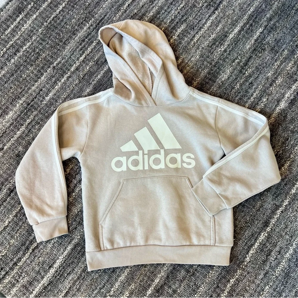 adidas Boys Tech Fleece Hoodie Tan Beige Athletic Logo Sweatshirt Youth M 10 12